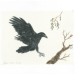 An Australian Forest Raven and Eucalyptus branch ( Sized Shiro-mashi paper ) Painted with Suibokugayou Aozumi and Saibiboku Arlo Mercia