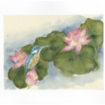 Kingfisher with Lotus ( Raw Kumohada-mashi paper ) Painted with Saibiboku color ink, Suibokugayou Aozumi, Arlo Mercia