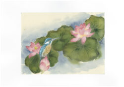 Kingfisher with Lotus ( Raw Kumohada-mashi paper ) Painted with Saibiboku color ink, Suibokugayou Aozumi, Arlo Mercia